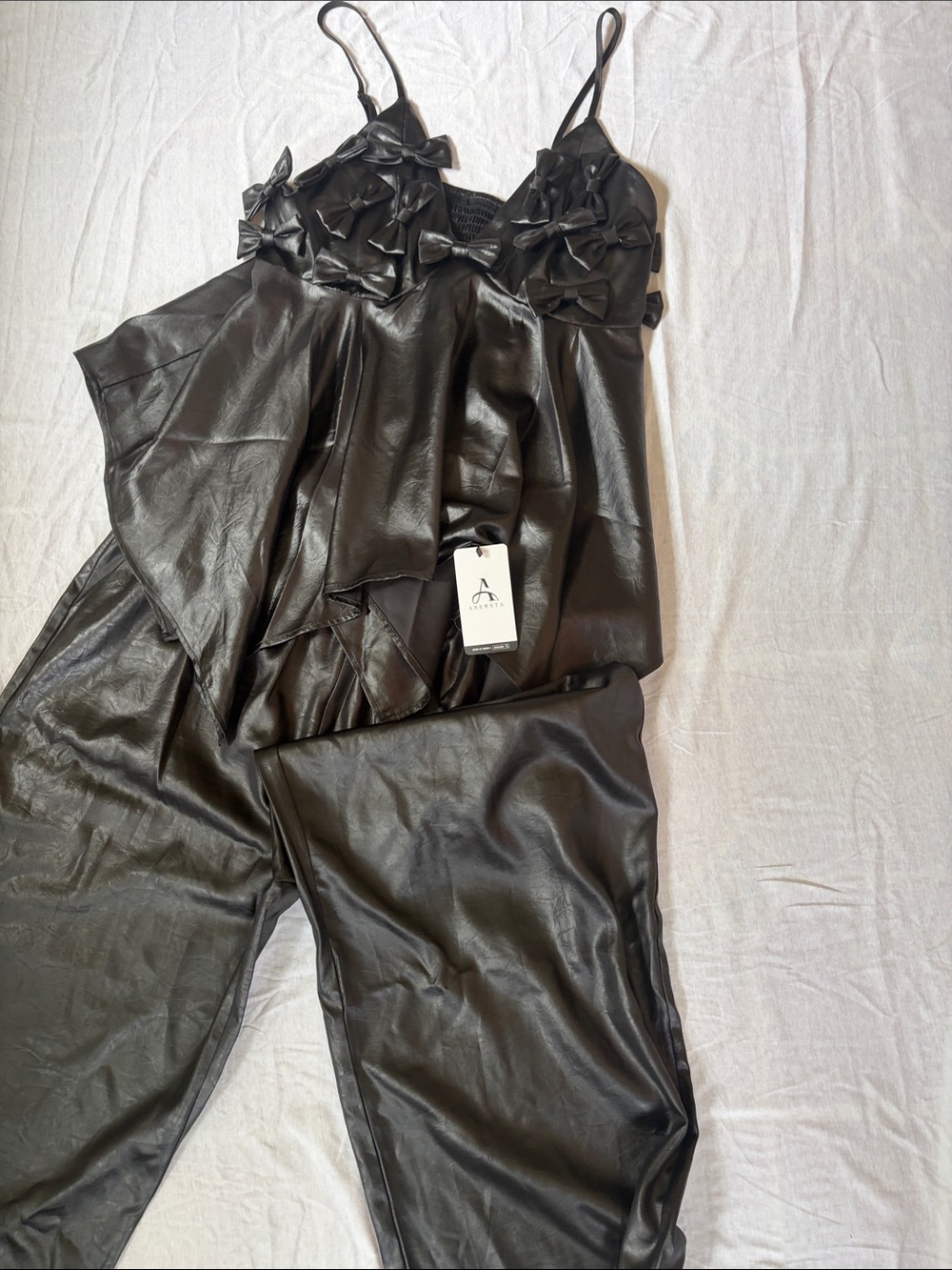 ANEWSTA Set Black  leather Satin Bow-Accent Cami & Pants Set